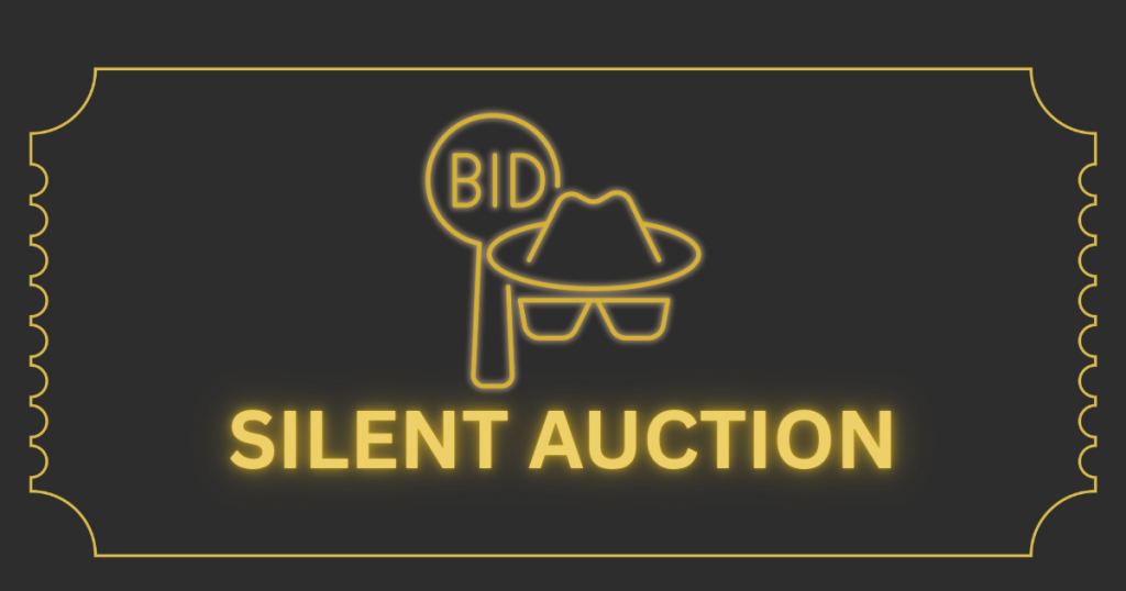 silent-auction-landing-page An image of neon-yellow line art of a hat, sunglasses, and a sign that says BID. The text reads Silent Auction.